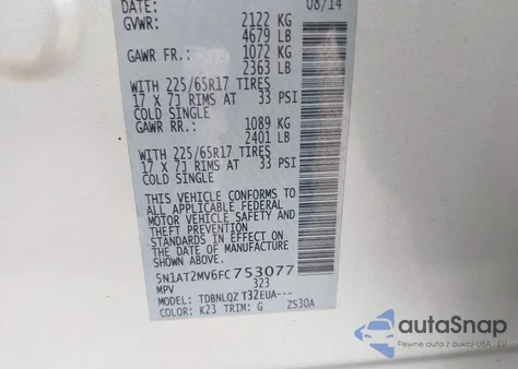2015 Nissan Rogue Sv from USA, damaged, VIN 5N1AT2MV6FC753077